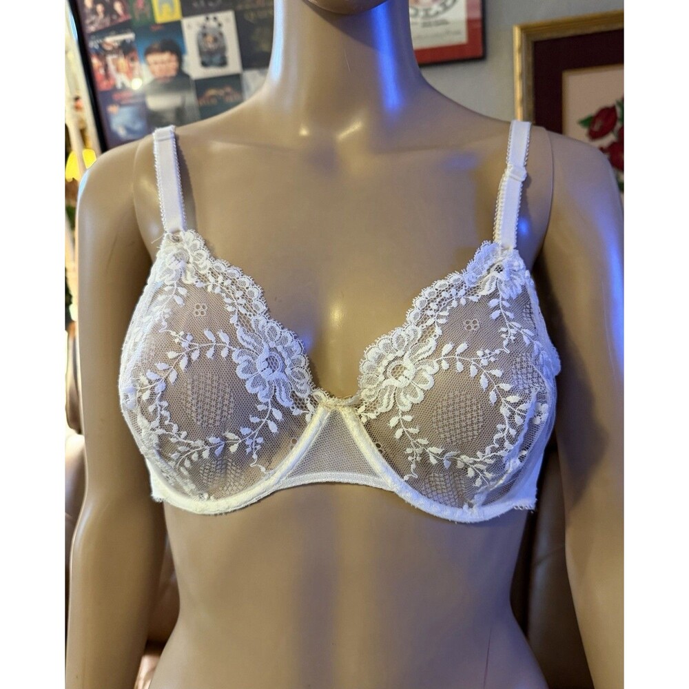 Vintage Vtg Lejaby White Floral Lace Underwire Bra Womens 36B Sexy Sheer